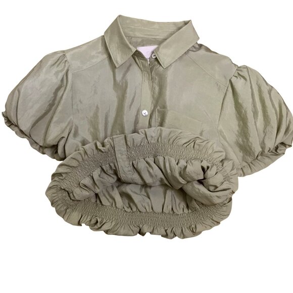 CINQ À SEPT Allinae Crop Button Top XS Beige Puff Sleeve Polished Minimal Blouse - Picture 3 of 7